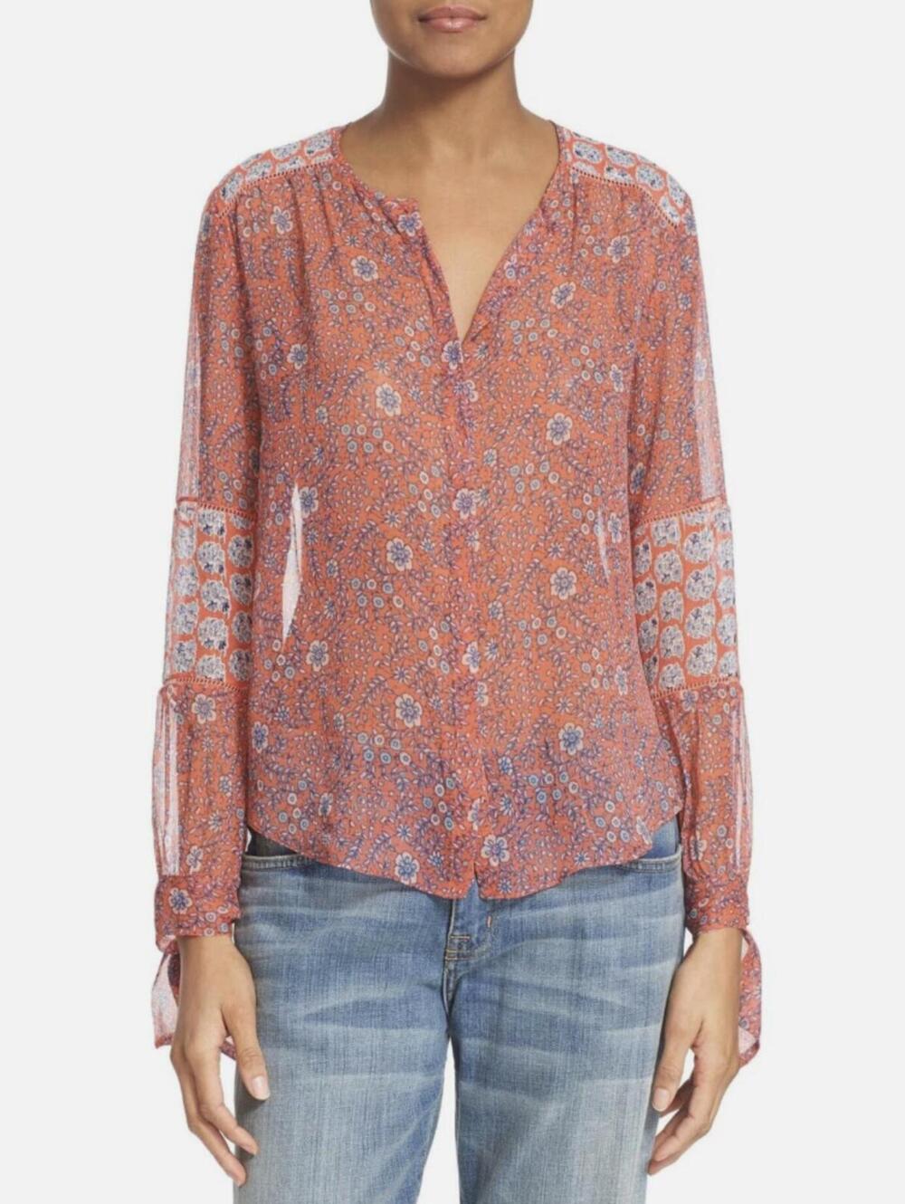 Rebecca Taylor Amanda Pink Silk Floral Print Button Tie Wrist Blouse - Size - 10